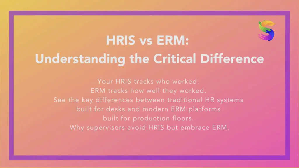Side-by-side comparison of complex HRIS desktop interface versus simple mobile-first Employee Relationship Management (ERM) platform designed for frontline supervisors