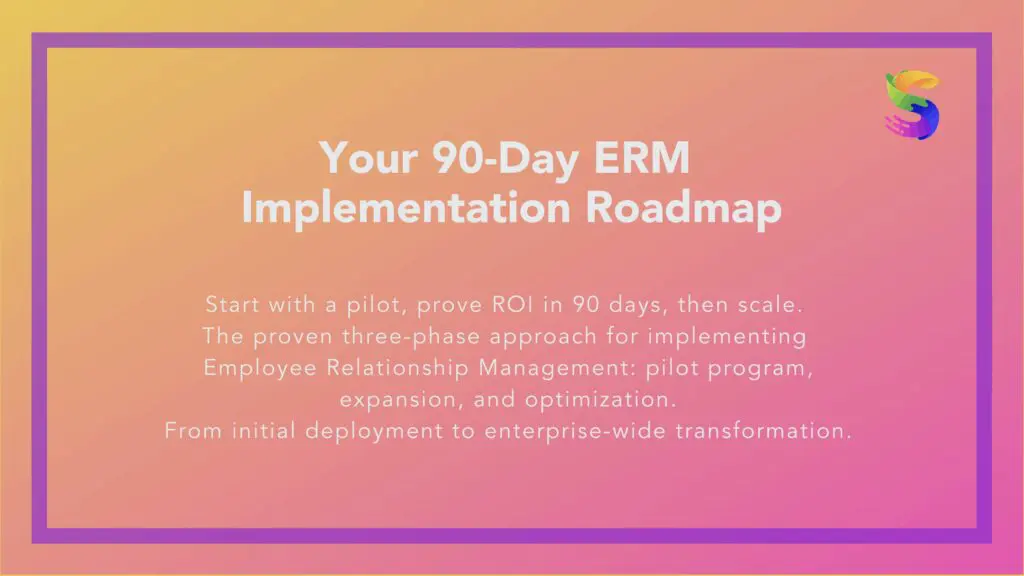 90-day Employee Relationship Management implementation timeline showing pilot program, expansion phase, and optimization for frontline workforce management transformation