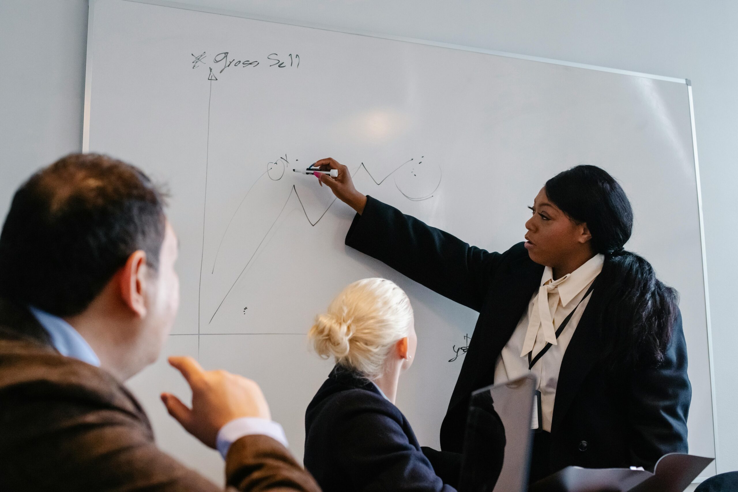 Business woman working on white board drawing a graph